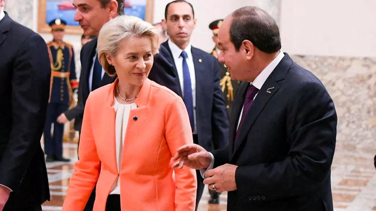 Egyptian President Abdel Fattah al-Sisi talks with European Commission President Ursula von der Leyen at the Ittihadiya presidential palace in Cairo, March 17, 2024, The Egyptian Presidency/Handout via Reuters