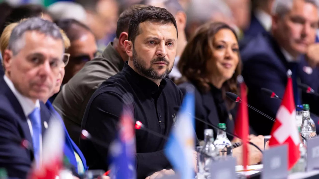 U.S. Vice President Kamala Harris, Ukrainian President Volodymyr Zelenskiy, Secretary of Security Council Armen Grigoryan of Armenia during the opening plenary session, during the Summit on peace in Ukraine, in Stansstad near Lucerne, Switzerland, Saturday, June 15, 2024. Heads of state from around the world gather on the Buergenstock Resort in central Switzerland for the Summit on Peace in Ukraine, on June 15 and 16. MICHAEL BUHOLZER/Pool via Reuters