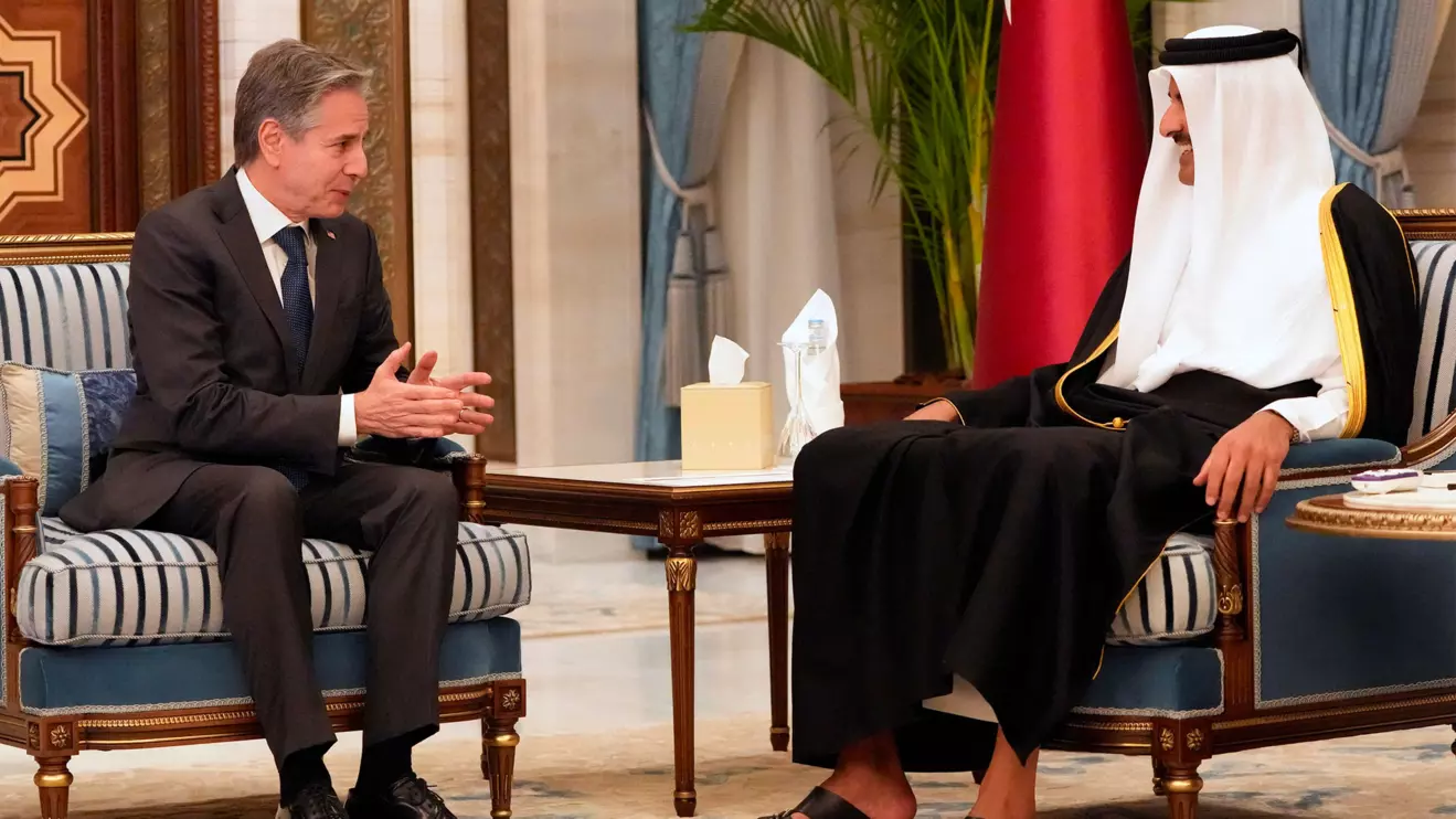 U.S. Secretary of State Antony Blinken meets with Qatar's Amir Sheikh Tamim bin Hamad Al Thani at Lusail Palace, in Doha, Tuesday, Feb. 6, 2024. Mark Schiefelbein, Reuters 