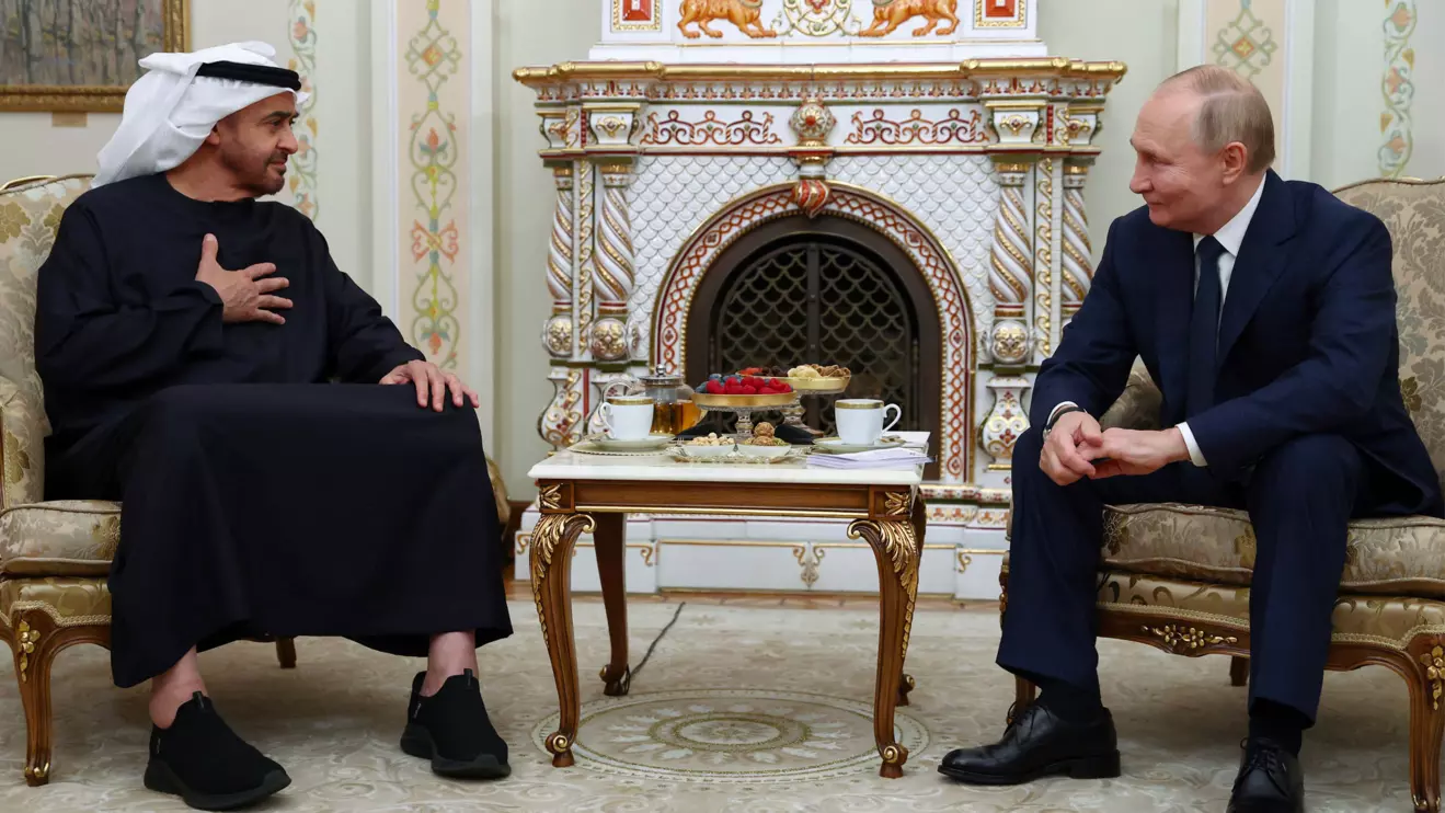 Russia's President Vladimir Putin attends a meeting with the United Arab Emirates' President Sheikh Mohamed bin Zayed Al Nahyan at the Novo-Ogaryovo state residence outside Moscow, Russia October 20, 2024. Sputnik/Artyom Geodakyan/Pool via Reuters