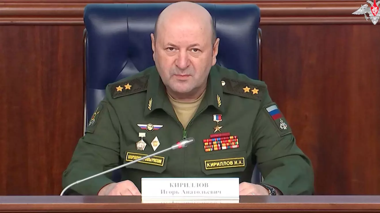 Lieutenant General Igor Kirillov, chief of Russia's Nuclear, Biological and Chemical Protection Troops, attends a press conference in Moscow, Russia, in this still image from video released November 5, 2024. Russian Defence Ministry/Handout via Reuters