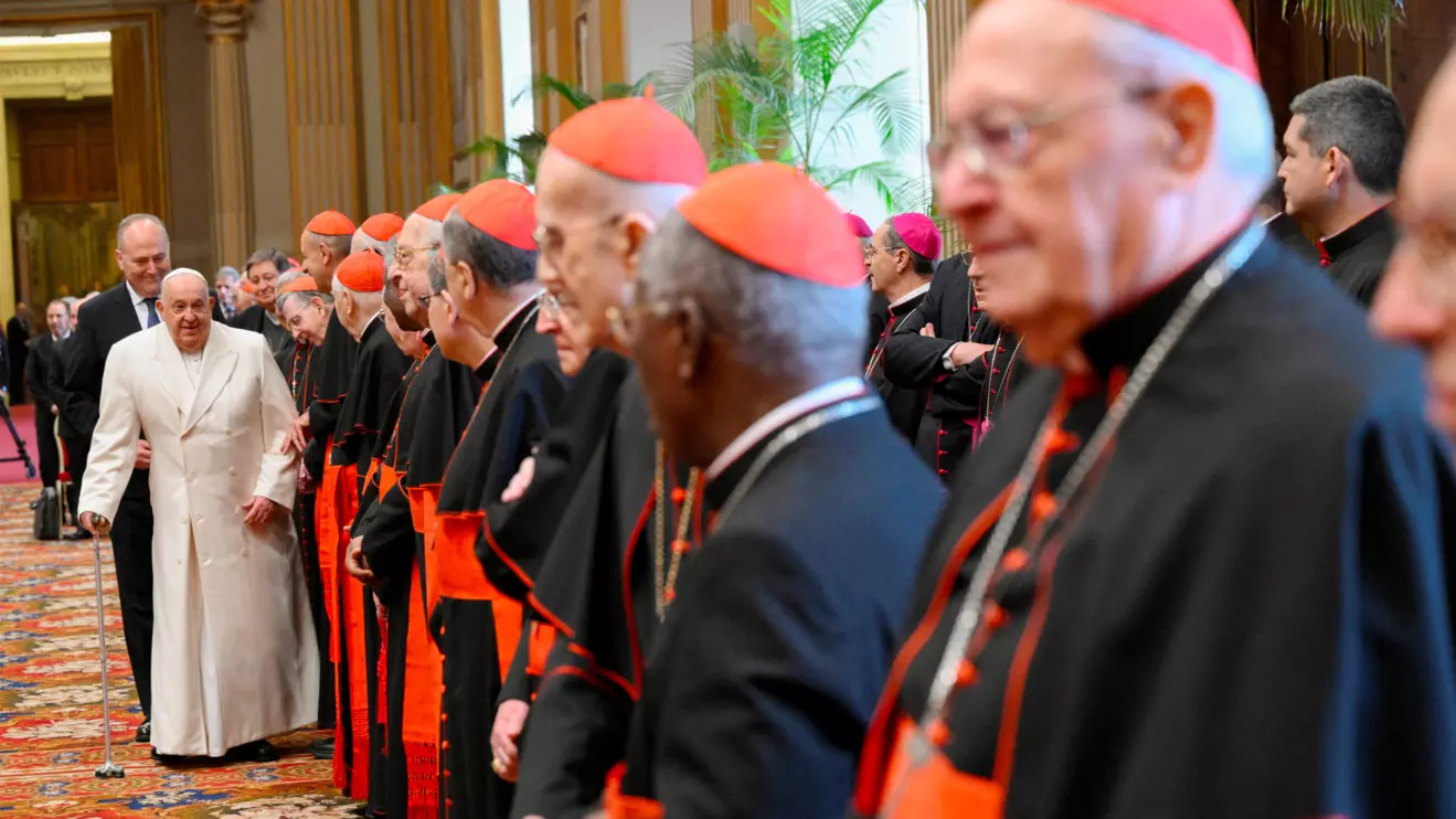 Pope Francis arrives for a meeting with his key collaborators "Roman Curia" in Vatican City, December 21, 2024. Vatican Media/Handout via Reuters