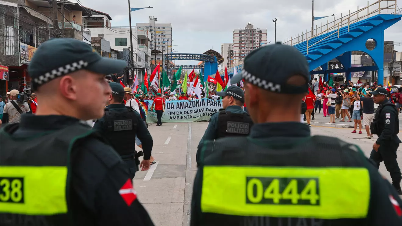 Members of the military police stand guard, as demonstrators take part in a protest to call for climate justice and territorial protection during the U.N. Climate Change Conference (COP30), in Belem, Brazil, November 15, 2025. Reuters/Anderson Coelho