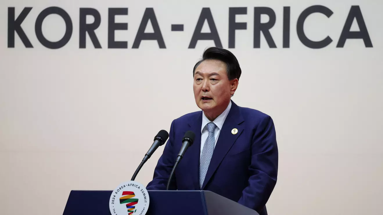South Korean President Yoon Suk Yeol speaks during a joint news conference with Mauritanian President Mohamed Ould Cheikh El Ghazouani during 2024 Korea-Africa Summit in Goyang, South Korea, June 4, 2024. Reuters/Kim Hong-Ji