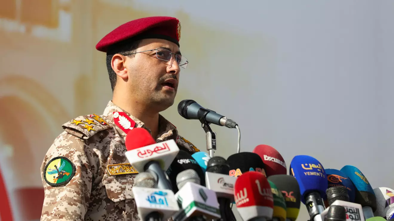 Houthi military spokesman, Yahya Sarea, delivers a statement during a pro-Palestinian rally in Sanaa, Yemen May 3, 2024. Reuters/Khaled Abdullah