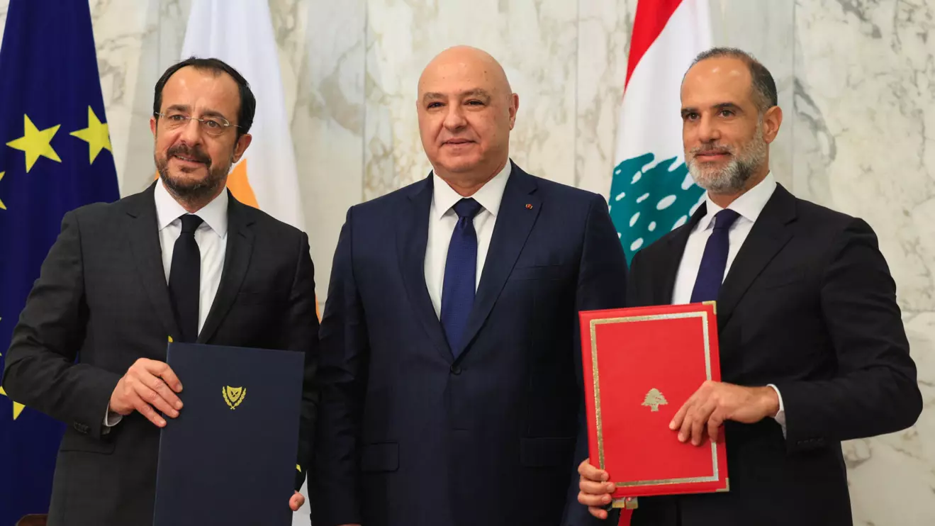 Cyprus' President Nikos Christodoulides and Fayez Rasamny, Lebanese minister of public works and transport, sign a maritime demarcation agreement, as Lebanese President Joseph Aoun stands beside them, at the presidential palace in Baabda, Lebanon November 26, 2025. Reuters,Mohamed Azakir