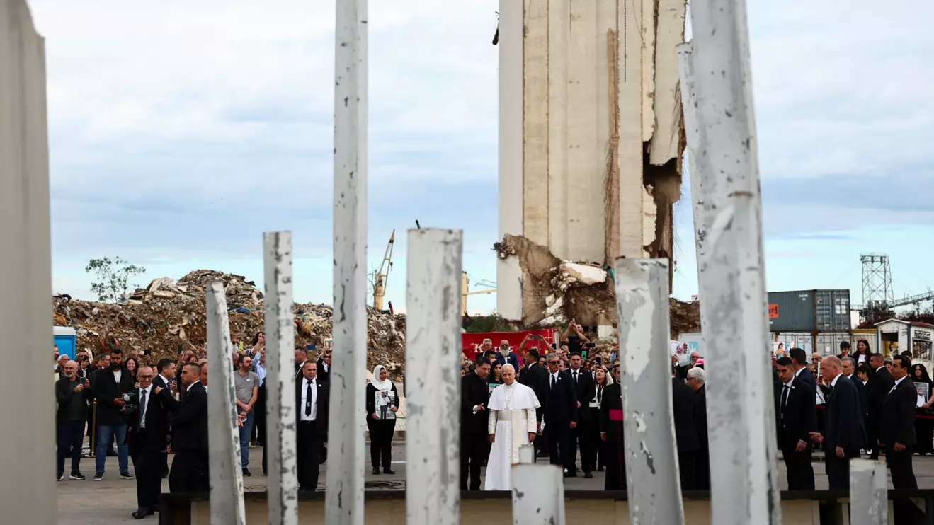 Pope Leo XIV holds a silent prayer at the site of the Beirut port blast in August 2020, during his first apostolic journey, in Beirut, Lebanon December 2, 2025. Reuters/Yara Nardi