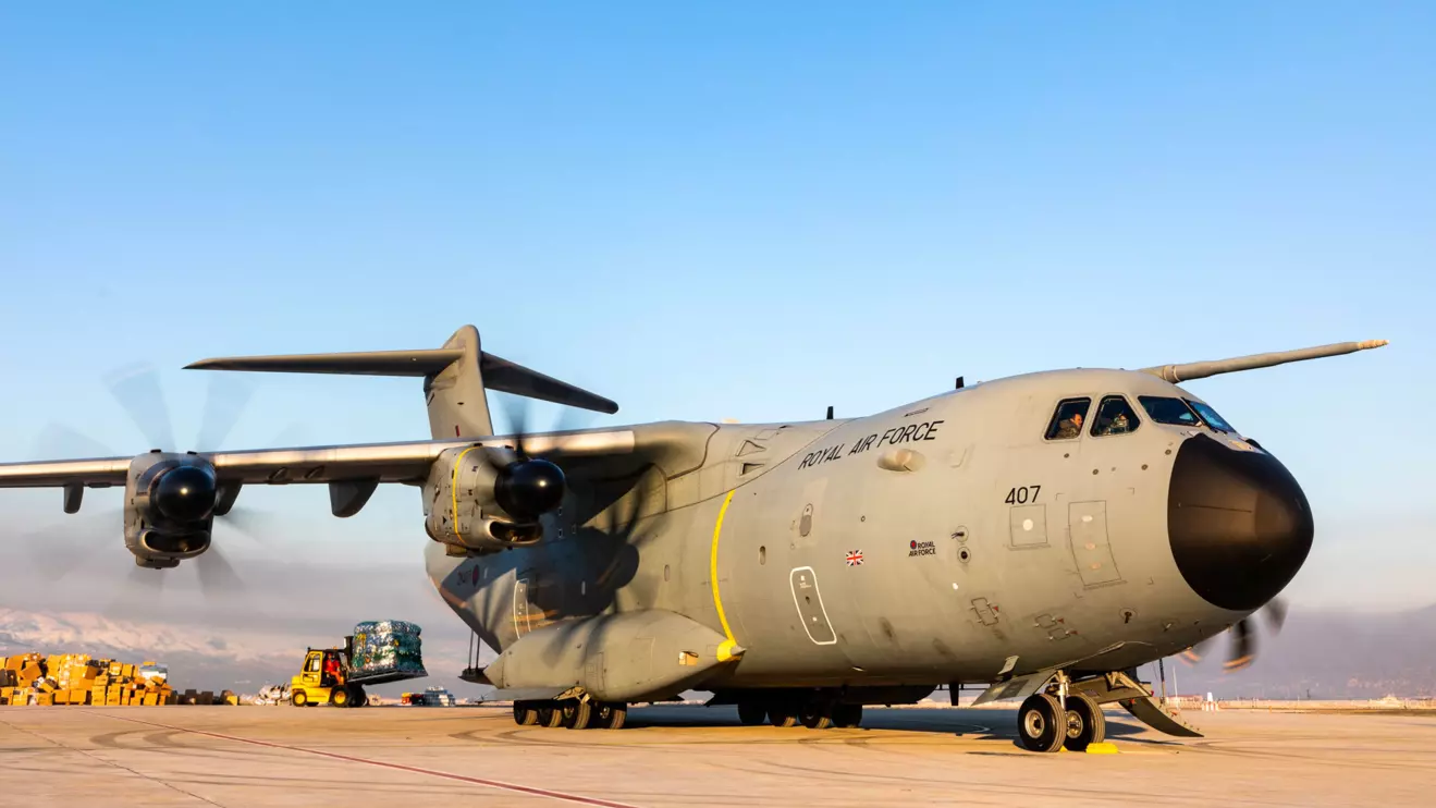 A Royal Air Force A400M Atlas aircraft in Kahramanmaraqs, Turkey, February 10, 2023. Cpl Will Drummee RAF/Handout via Reuters