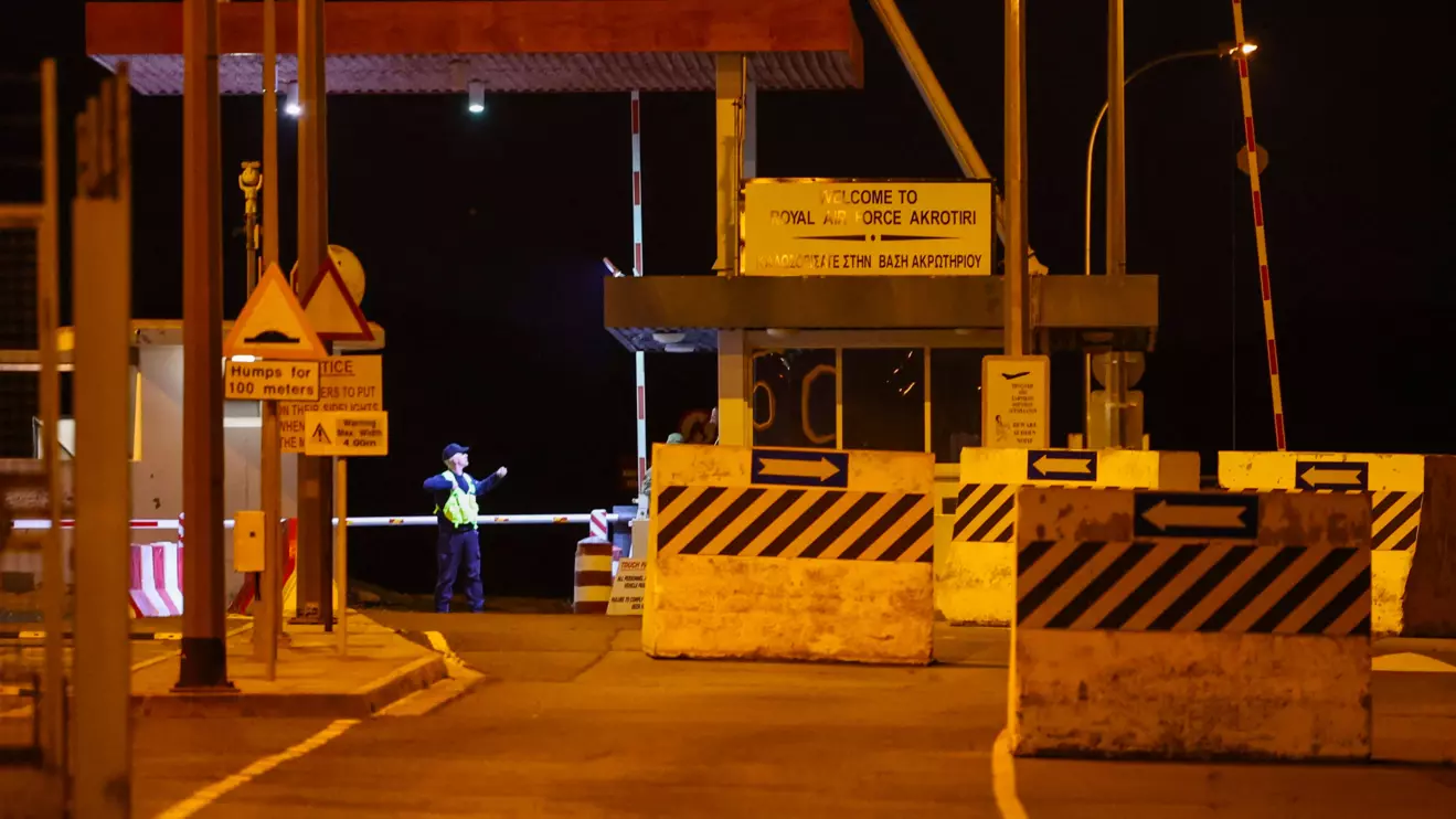 Entrance to the RAF Akrotiri, a British sovereign base in Cyprus, which was hit by an unmanned drone overnight, causing limited damage, after sirens sounded, in Cyprus March 2, 2026. Reuters/Yiannis Kourtoglou