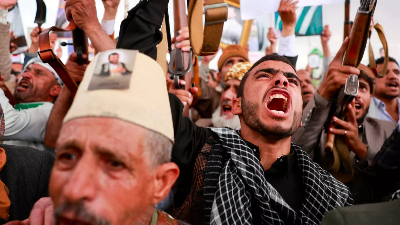 Houthi supporters shout slogans during an anti-Saudi rally amid an escalation with the kingdom, in Sanaa, Yemen, July 31, 2026. Reuters/Khaled Abdullah