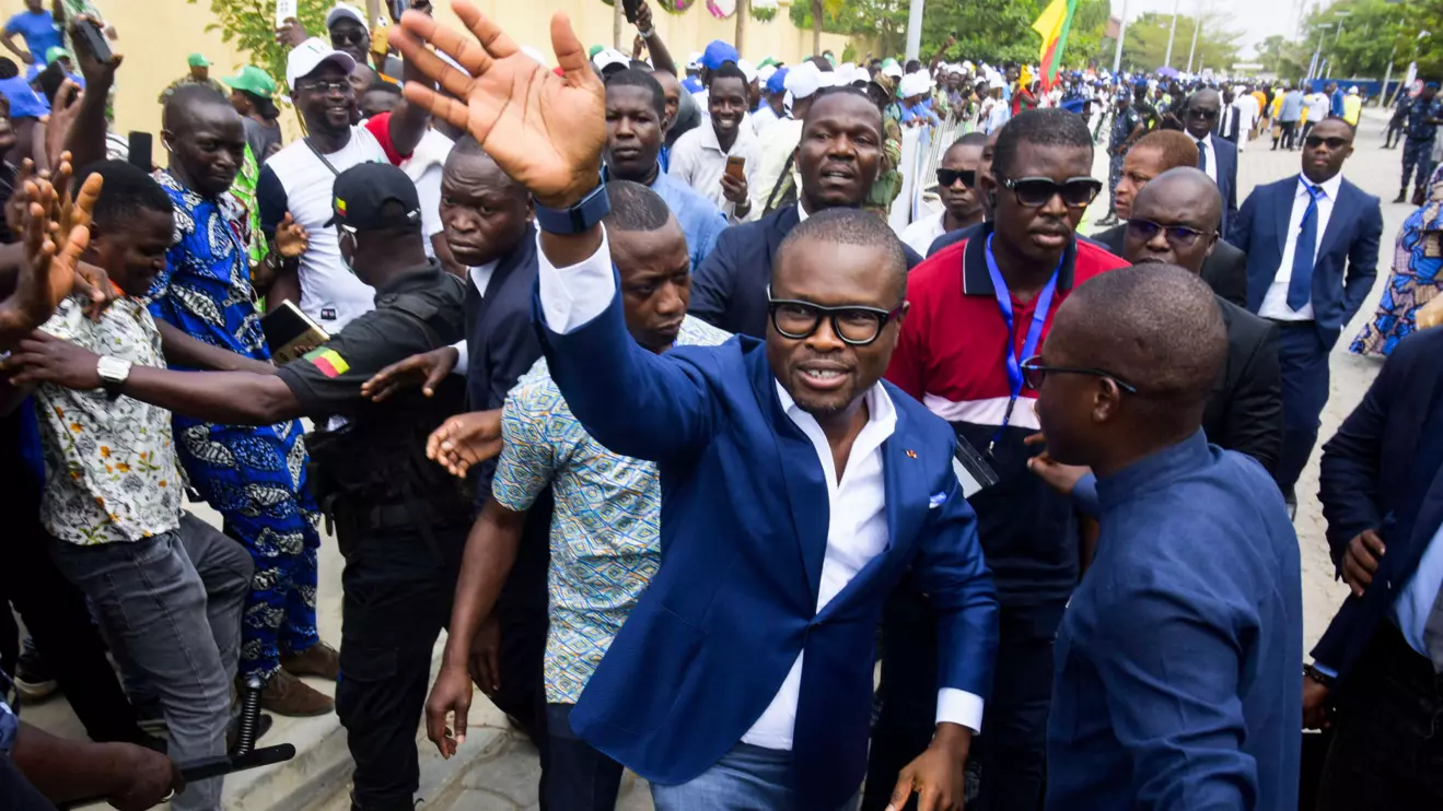 Romuald Wadagni, Benin's finance minister and the ruling party candidate for the presidential election, waves after presenting his platform in Cotonou, Benin March 21, 2026. Reuters/Charles Placide Tossou
