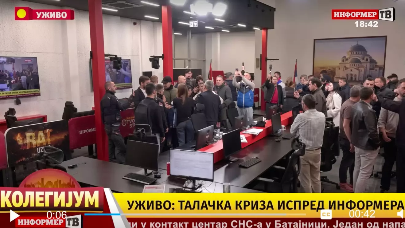 Protesters were filmed inside the Informer TV studio in Belgrade on Monday (October 26), after a student-backed protest movement unseated longtime leader Aleksandar Vucic, in a historic landslide election that had sparked nationwide celebrations