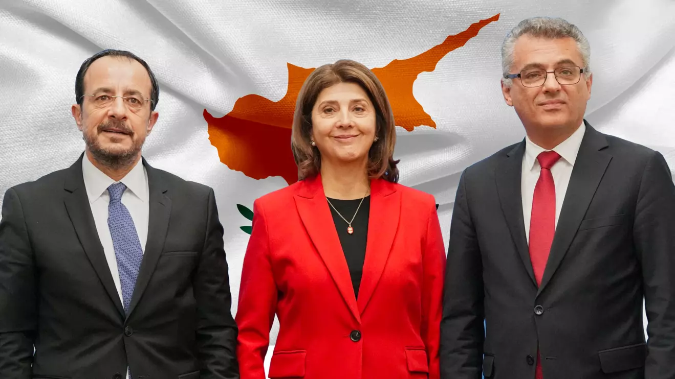 Republic of Cyprus President Nikos Christodoulides, United Nations Secretary-General's Personal Envoy on Cyprus, Maria Angela Holguin Cuellar, and Turkish Cypriot leader Tufan Erhurman pose for a photograph at the U.N. compound inside the UN buffer zone, in Nicosia, Cyprus, December 11, 2025. Petros Karadjias/Reuters