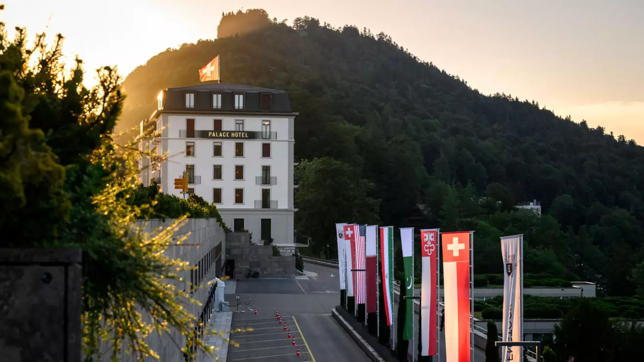 A building of the Buergenstock luxury hotel complex overlooking Lake Lucerne, Switzerland, on June 21, 2026, ahead of high-level talks aimed at advancing a deal to end the Middle East conflict. Fabrice Coffrini/Reuters