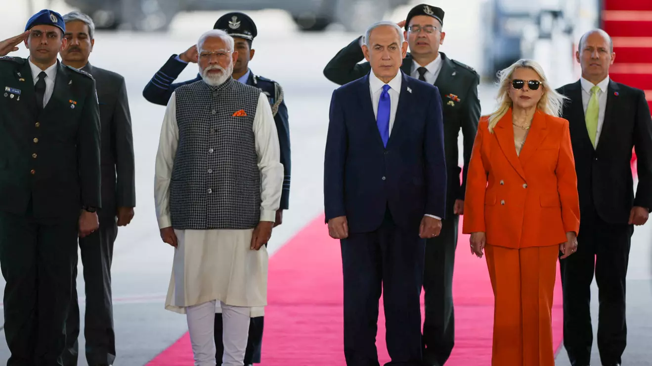 India's Prime Minister Narendra Modi, Israel's Prime Minister Benjamin Netanyahu and Netanyahu's wife Sara Netanyahu attend a welcome ceremony upon Modi's arrival at Ben Gurion International Airport in Lod, near Tel Aviv, Israel February 25, 2026. Reuters/Shir Torem TPX IMAGES OF THE DAY