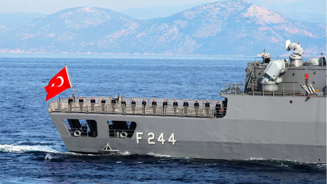 A Turkish navy ship takes part in the Blue Homeland-Mavi Vatan 2025 military exercise in the Aegean, off the shores of Turkey's coastal town of Marmaris January 9, 2025. Reuters/Kenan Gurbuz