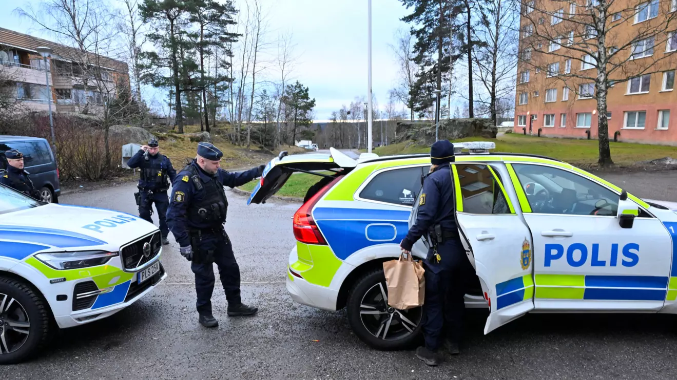 Police carry out operations in Sodertalje, south of Stockholm, on January 30, 2025, following the shooting of Koran burner Salwan Momika in an apartment late last night. The Stockholm District Court confirms that he is deceased. TT News Agency/Jonas Ekstromer via Reuters