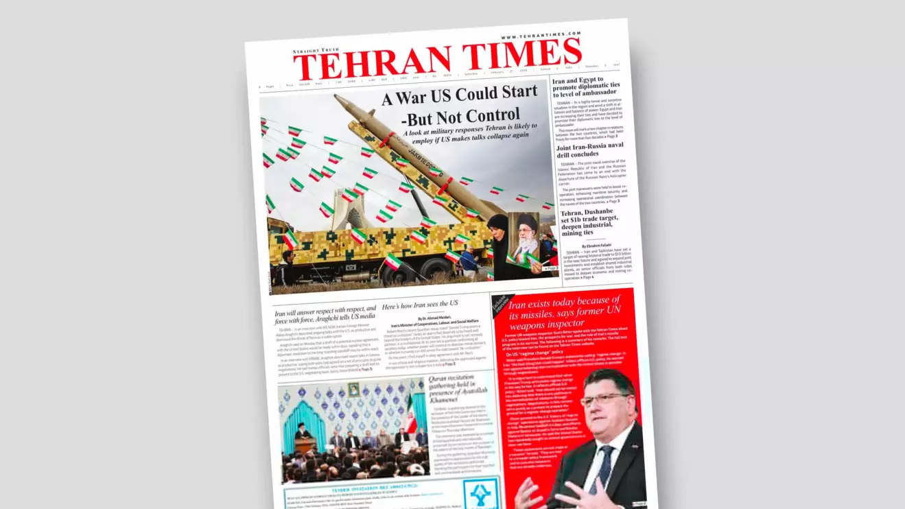 The front page of Tehran Times – February 21, 2026 © Mena Today 