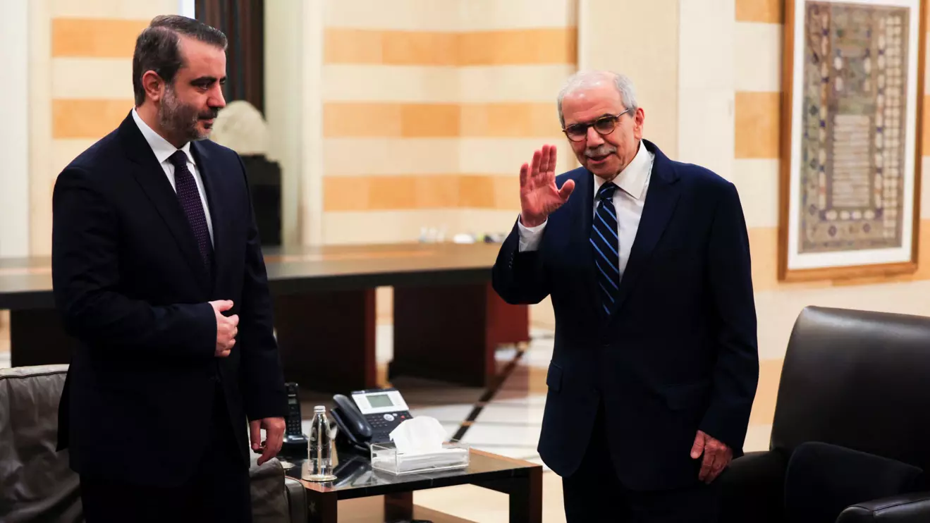 Lebanon's Prime Minister Nawaf Salam gestures as he meets with Syrian Foreign Minister Asaad Al-Shaibani at the Government Palace, in Beirut, Lebanon, July 2, 2026. Reuters/Mohamed Azakir