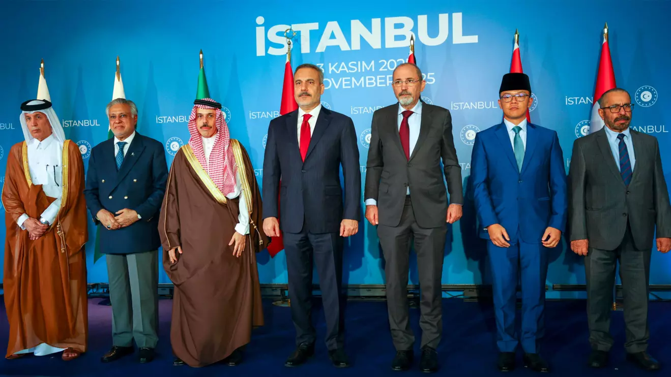 Turkish Foreign Minister Hakan Fidan poses with Qatar's State Minister for Foreign Affairs Soltan bin Saad Al-Muraikhi, Pakistan's Deputy Prime Minister and Foreign Minister Mohammad Ishaq Dar, Saudi Arabia's Foreign Minister Prince Faisal bin Farhan Al-Saud, Jordanian Foreign Minister Ayman Safadi, Indonesia's Foreign Minister Sugiono and United Arab Emirates' Minister of State Khalifa Shaheen Al Marar before their meeting on Gaza, in Istanbul, Turkey, November 3, 2025. Reuters/Murad Sezer 