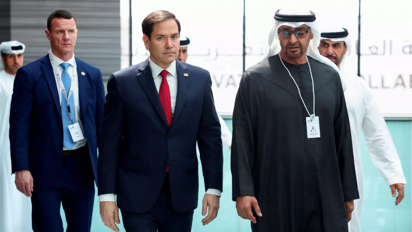 U.S. Secretary of State Marco Rubio walks with United Arab Emirates President Sheikh Mohamed bin Zayed Al Nahyan as they meet at ADNEC Centre Abu Dhabi in Abu Dhabi, United Arab Emirates, February 19, 2025. Reuters/Evelyn Hockstein