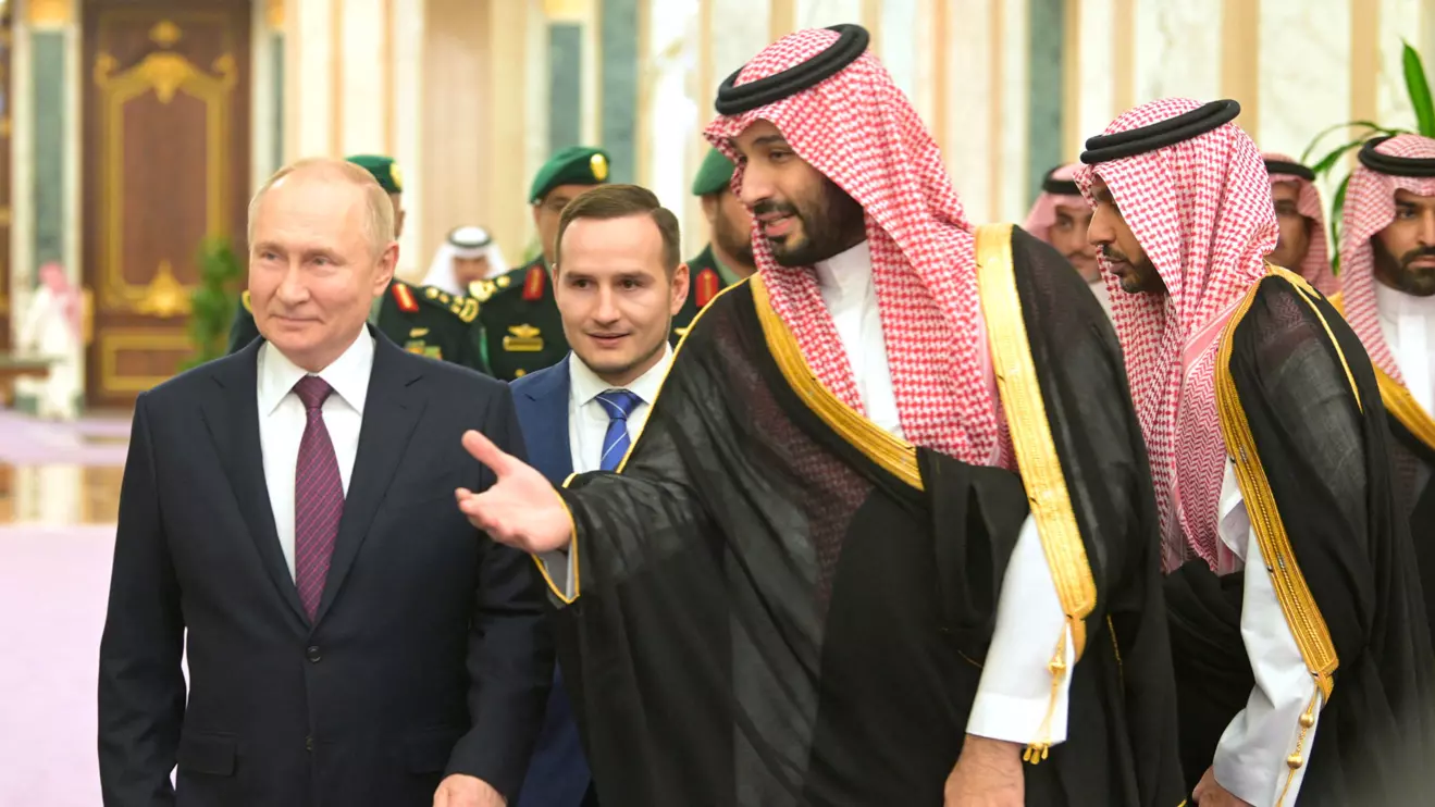 Russian President Vladimir Putin and Saudi Crown Prince Mohammed bin Salman walk during a meeting in Riyadh, Saudi Arabia December 6, 2023. Sputnik/Aleksey Nikolskyi/Kremlin via Reuters/ File Photo