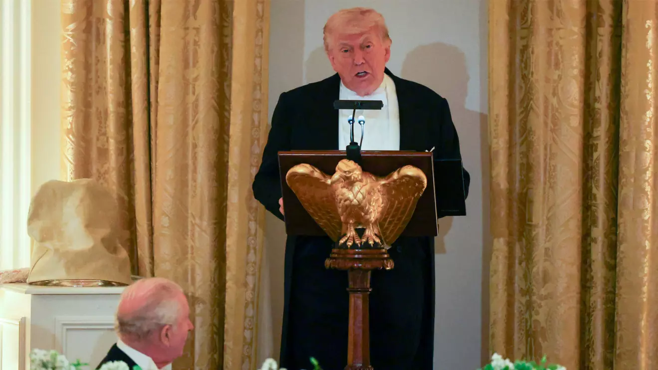 Britain's King Charles listens as U.S. President Donald Trump speaks during a state dinner for the King and Queen Camilla at the White House in Washington, D.C., U.S., April 28, 2026. Reuters/Suzanne Plunkett