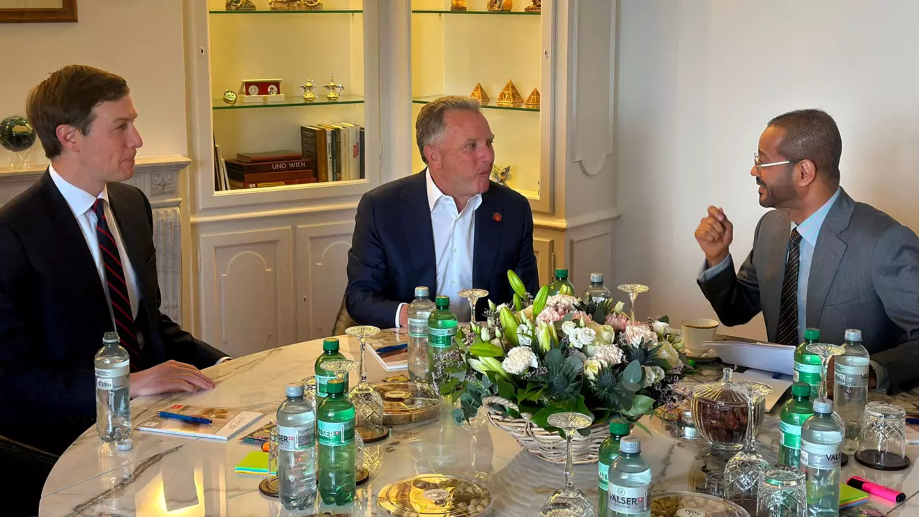 Oman's Foreign Minister Sayyid Badr bin Hamad Al Busaidi meets with U.S. Special Envoy Steve Witkoff and U.S. President Donald Trump's son-in-law, Jared Kushner ahead of the indirect U.S.-Iran talks, in Geneva, Switzerland, February 17, 2026. Oman’s Ministry Of Foreign Affairs
