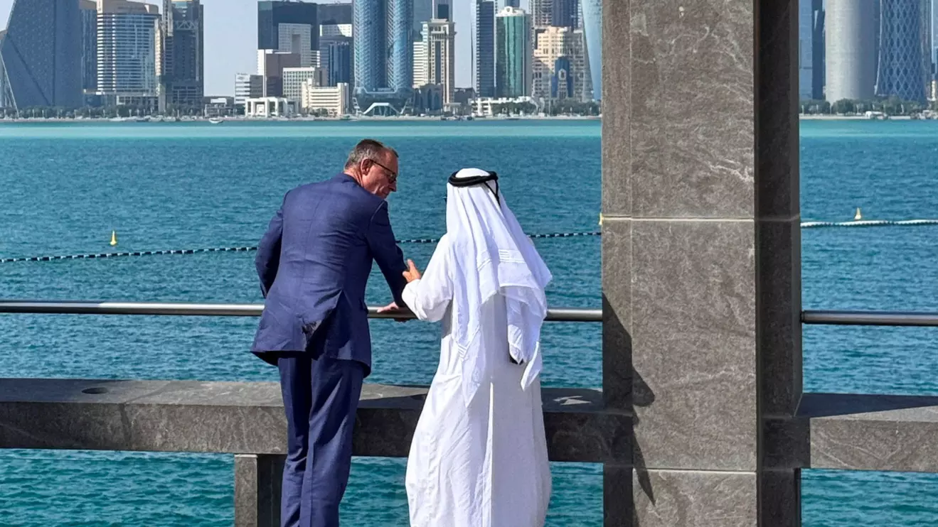 German Chancellor Friedrich Merz talks with Qatar's Emir Sheikh Tamim bin Hamad Al Thani in Doha, Qatar, February 5, 2026. Reuters/Andreas Rinke