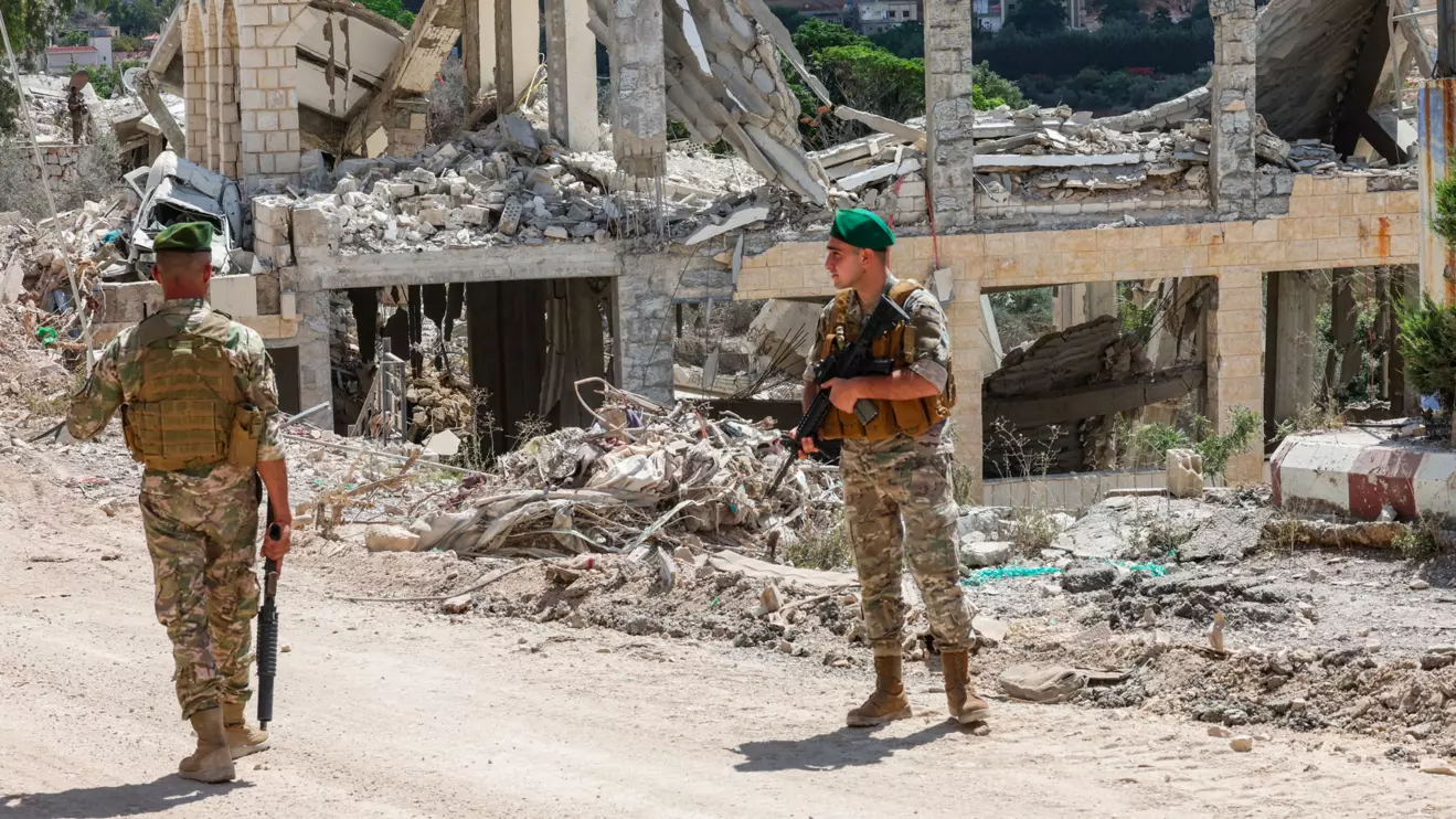 Lebanese soldiers stand guard in the town of Zawtar al-Gharbiyeh, after the withdrawal of Israeli forces under a US-mediated plan, in southern Lebanon, July 26, 2026. Reuters/Aziz Taher