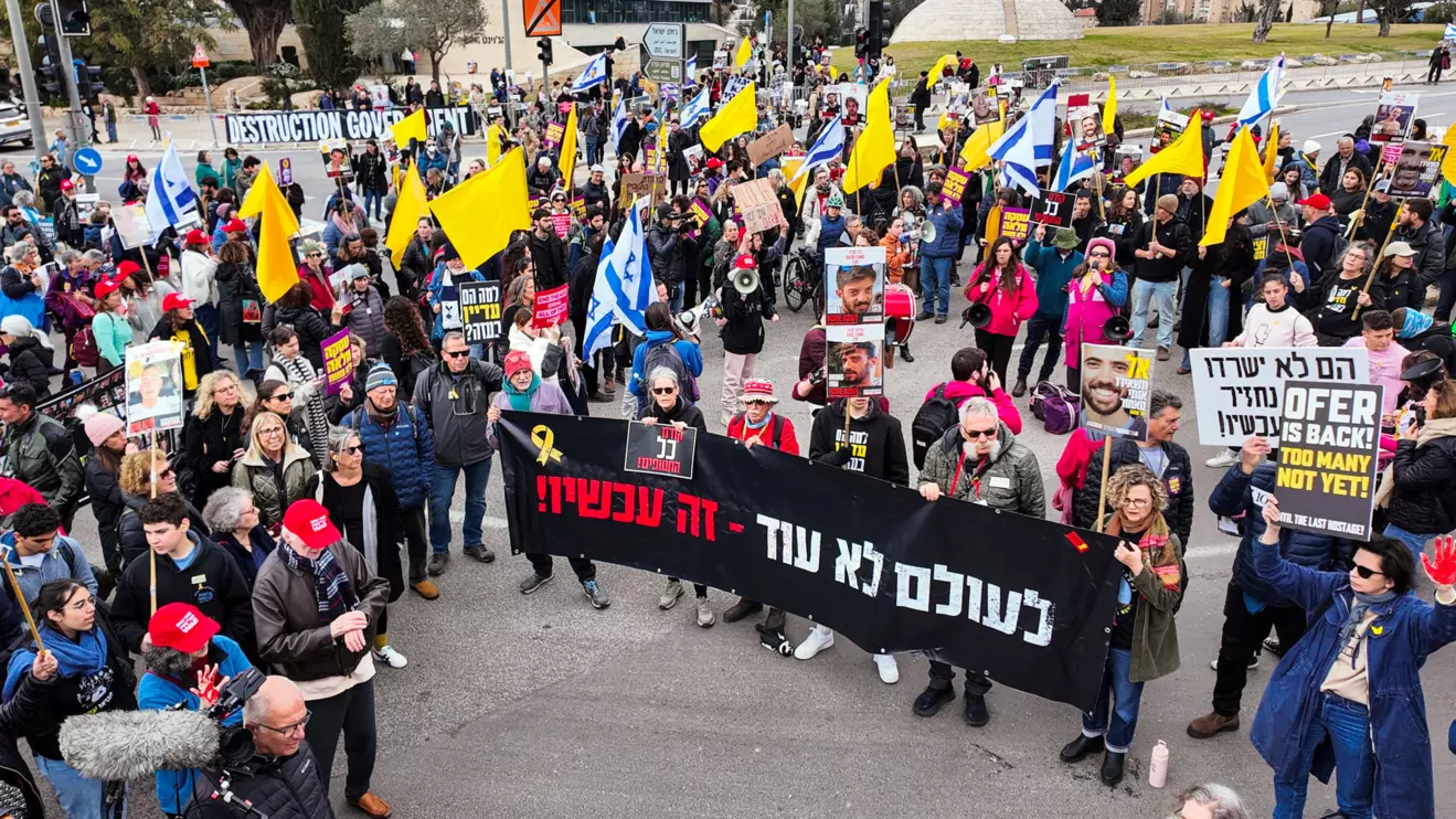 Families and supporters attend a demonstration calling for the immediate return of hostages held in Gaza, amid a ceasefire between Israel and Hamas, outside the prime minister's office in Jerusalem February 11, 2025. Reuters/Ilan Rosenberg