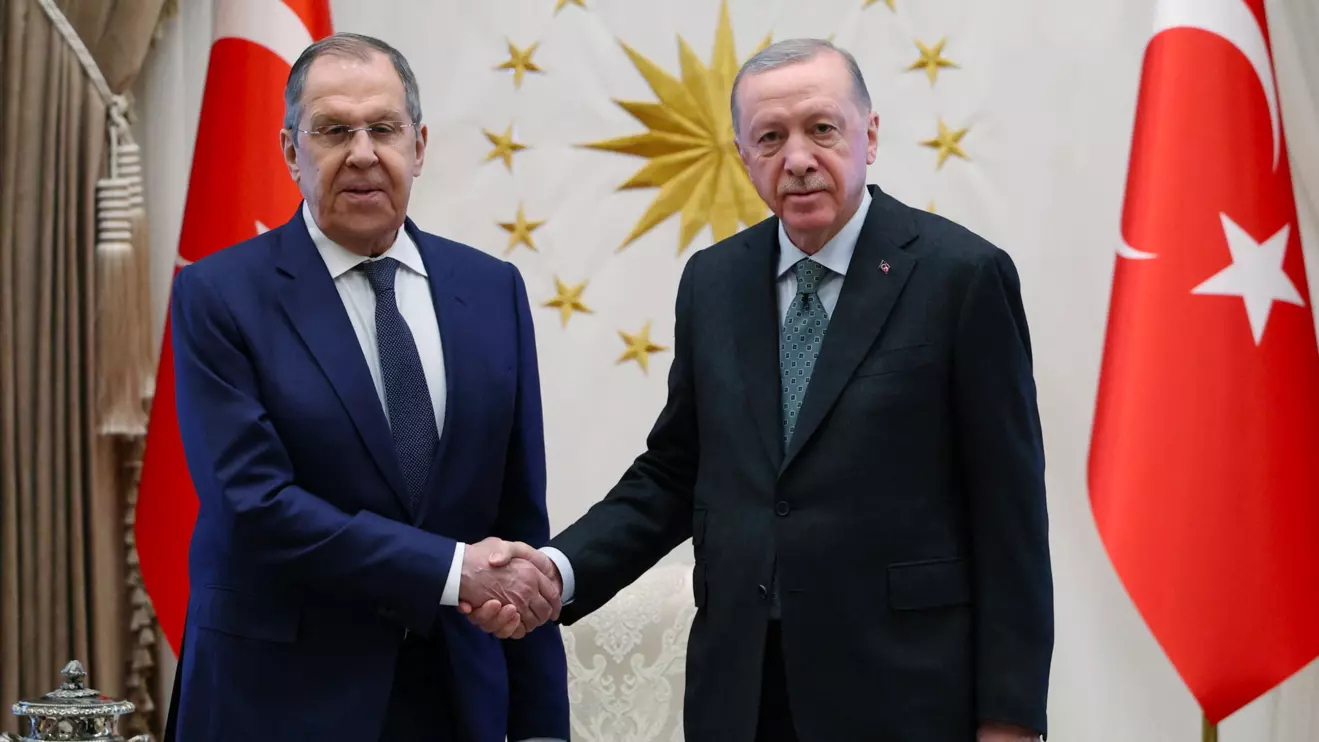 Turkey's President Tayyip Erdogan meets with Russian Foreign Minister Sergei Lavrov at the Presidential Palace in Ankara, Turkey, February 24, 2025. Murat Cetinmuhurdar/PPO