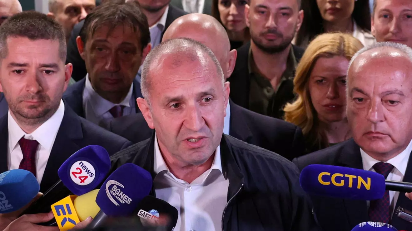 Rumen Radev, former Bulgarian president and leader of Progressive Bulgaria coalition, speaks to the media after the first exit polls at the parliamentary election, in Sofia, Bulgaria, April 19, 2026. Reuters/Spasiyana Sergieva