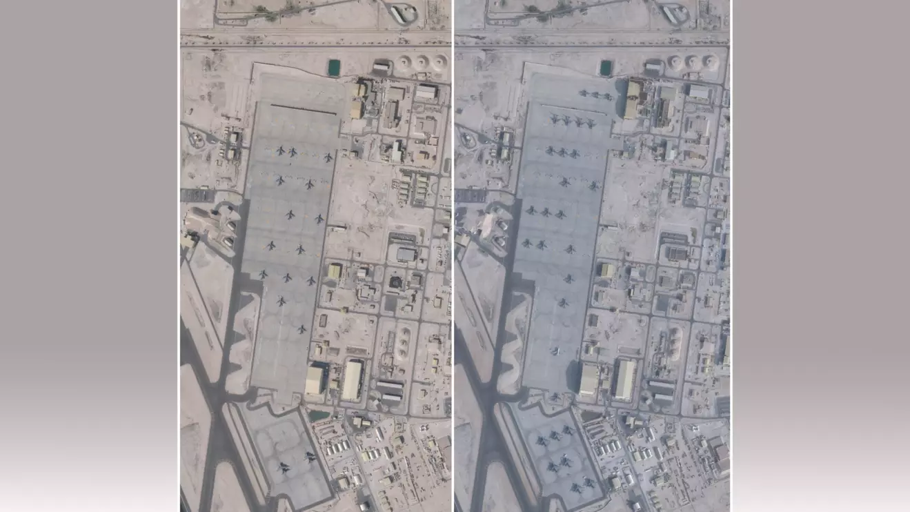 A combination of satellite images shows an increase in the number of aircraft at the Al-Udeid Air Base, near Doha, Qatar, comparing January 17, 2026 and February 1, 2026. 2026 PLANET LABS PBC/Handout via Reuters