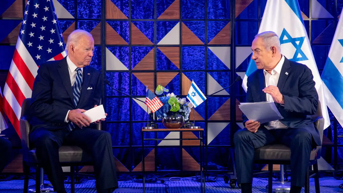 U.S. President Joe Biden, left, meets with Israeli Prime Minister Benjamin Netanyahu, right, to discuss the ongoing conflict between Israel and Hamas, in Tel Aviv, Israel, Wednesday, Oct. 18, 2023. Miriam Alster/Pool via Reuters/File Photo