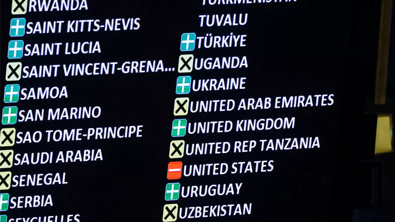 Vote results are displayed during the Eleventh Emergency Special Session draft resolution meeting in the United Nations General Assembly on the 3rd anniversary of the Russian invasion of Ukraine, at the U.N. headquarters in New York, U.S., February 24, 2025. Reuters/Shannon Stapleton