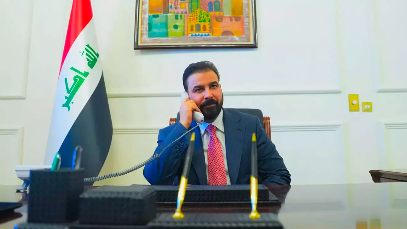 New Iraqi Prime Minister designate Ali al-Zaidi, uses a phone at his office in Baghdad, Iraq, April 28, 2026. Iraqi Prime Minister’s Media Office