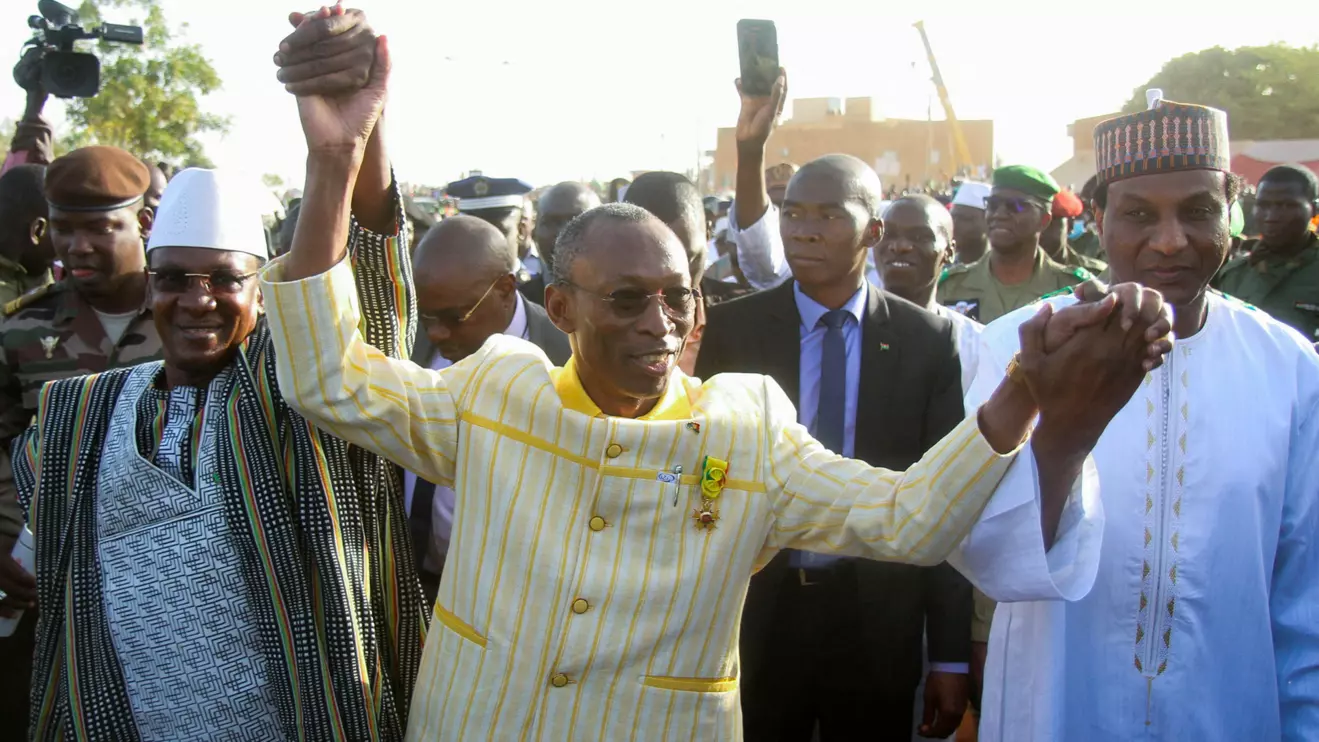 Prime Minister of Niger, Ali Mahamane Lamine Zeine, Prime Minister of Burkina Faso Apollinaire Joachim Kyelem de Tambela and Prime Minister of Mali Choguel Kokalla Maiga attend a sit-in in Niamey, Niger, December 29, 2023. Reuters/Mahamadou Hamidou/File Photo