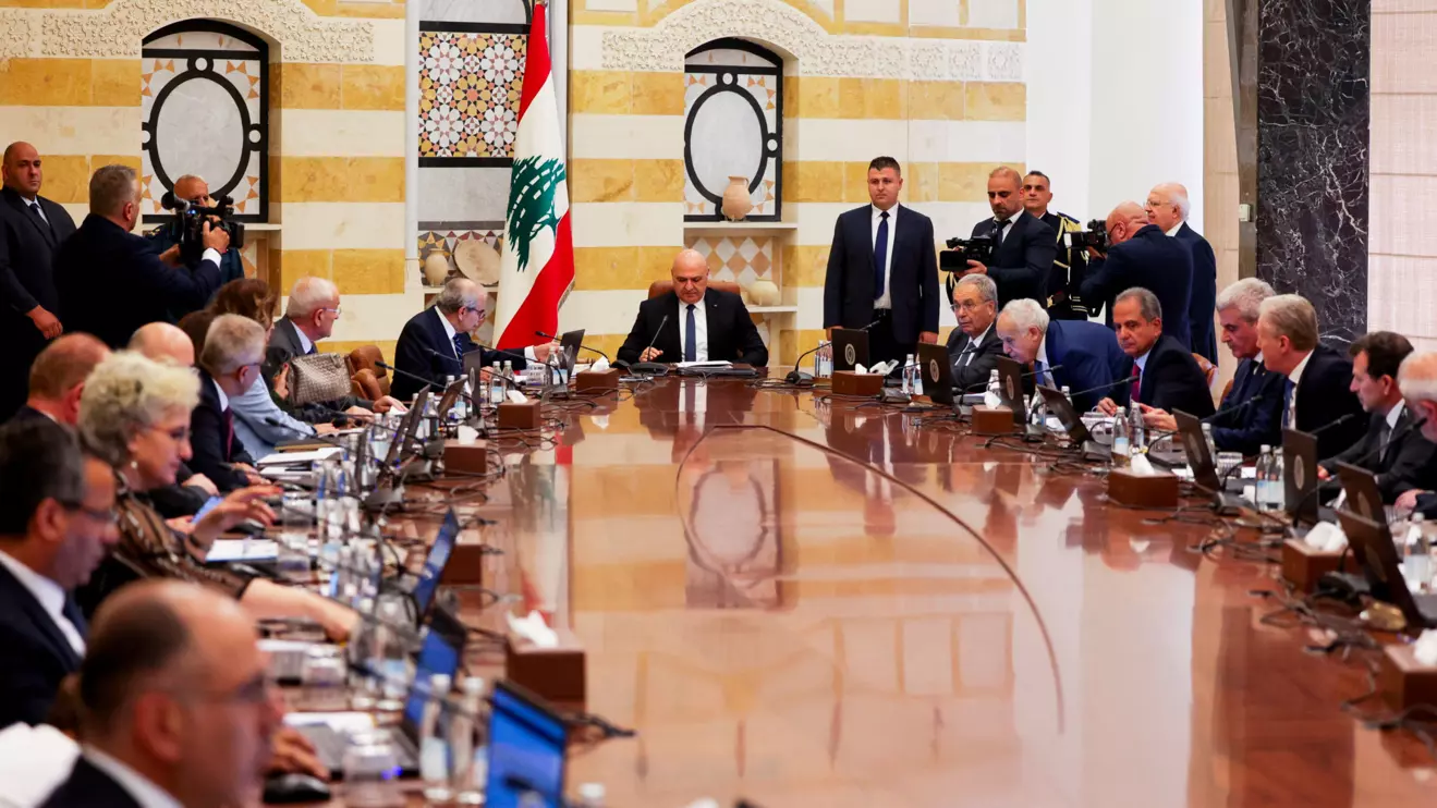 Lebanese President Joseph Aoun, Lebanese Prime Minister Nawaf Salam and members of the Lebanese cabinet meet to discuss efforts to bring all weapons in the country under the control of the state, at the Presidential Palace in Baabda, Lebanon August 5, 2025. Reuters/Emilie Madi