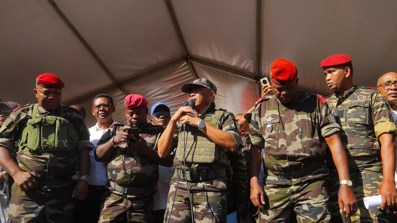 Colonel Michael Randrianirina addresses protesters gathered outside the town hall on Independence Avenue during a nationwide youth-led demonstration against frequent power outages and water shortages, in Antananarivo, Madagascar, October 14, 2025. Reuters/Zo Andrianjafy