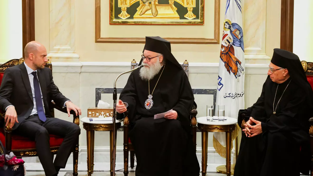 French Foreign Minister Jean-Noel Barrot meets with Greek Orthodox Patriarch of Antioch and All the East John X (Yazigi), in Damascus, Syria, January 3, 2025. Reuters/Khalil Ashawi