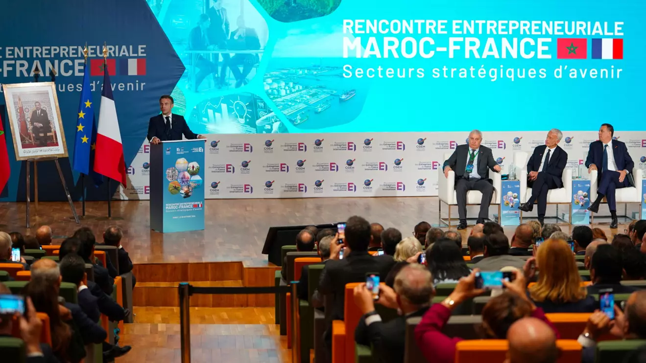 French President Emmanuel Macron speaks during Morocco-France entrepreneurial meetings at the auditorium of the International University of Rabat, Morocco October 29, 2024. Reuters/Abdelhak Balhaki