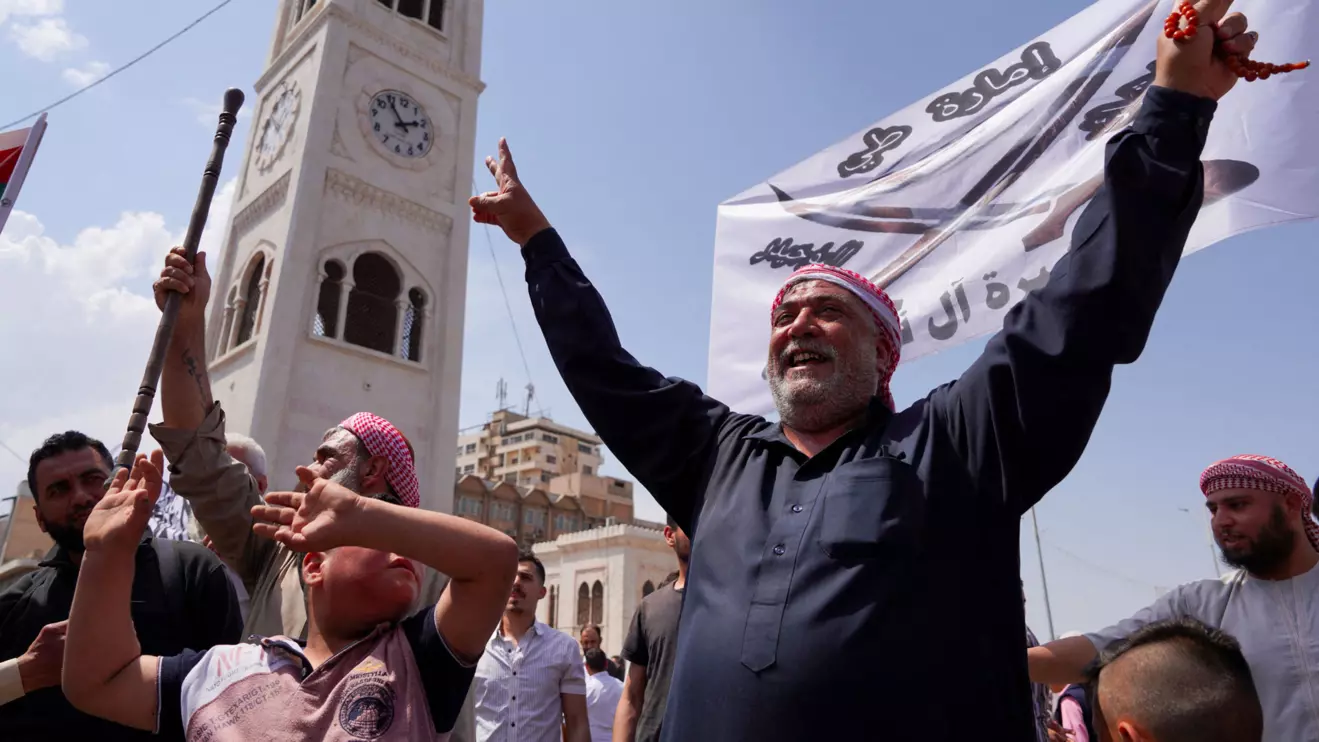 Demonstrators protest against Israeli attacks on Syria, in Hama, Syria May 4, 2025. Reuters/Karam Al-Masri