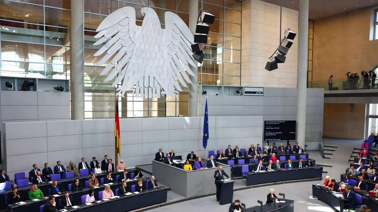 Germany's chancellor-in-waiting and leader of the Christian Democratic Union party (CDU) Friedrich Merz speaks during an extraordinary session of the outgoing lower house of parliament, the Bundestag, for a vote to adopt the draft law brought by the SPD and CDU/CSU parliamentary groups to reform constitutional debt rules and set up a 500 billion euro infrastructure fund, in Berlin, Germany March 18, 2025. Reuters/Liesa Johannssen