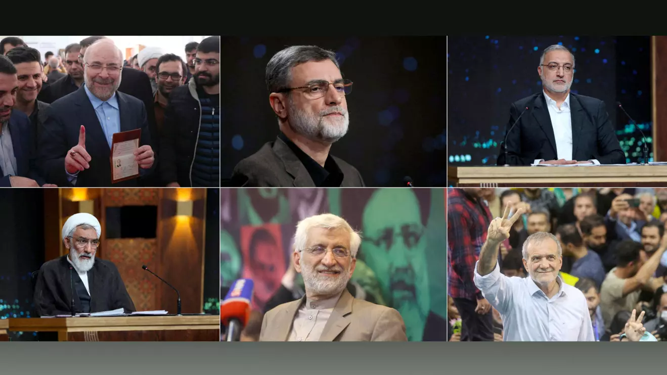 Combination picture shows Iranian presidential candidates Mohammad Baqer Qalibaf, Amir?Hossein Ghazizadeh Hashemi, Alireza Zakani, Mostafa Pourmohammadi, Saeed Jalili and Masoud Pezeshkian, Reuters