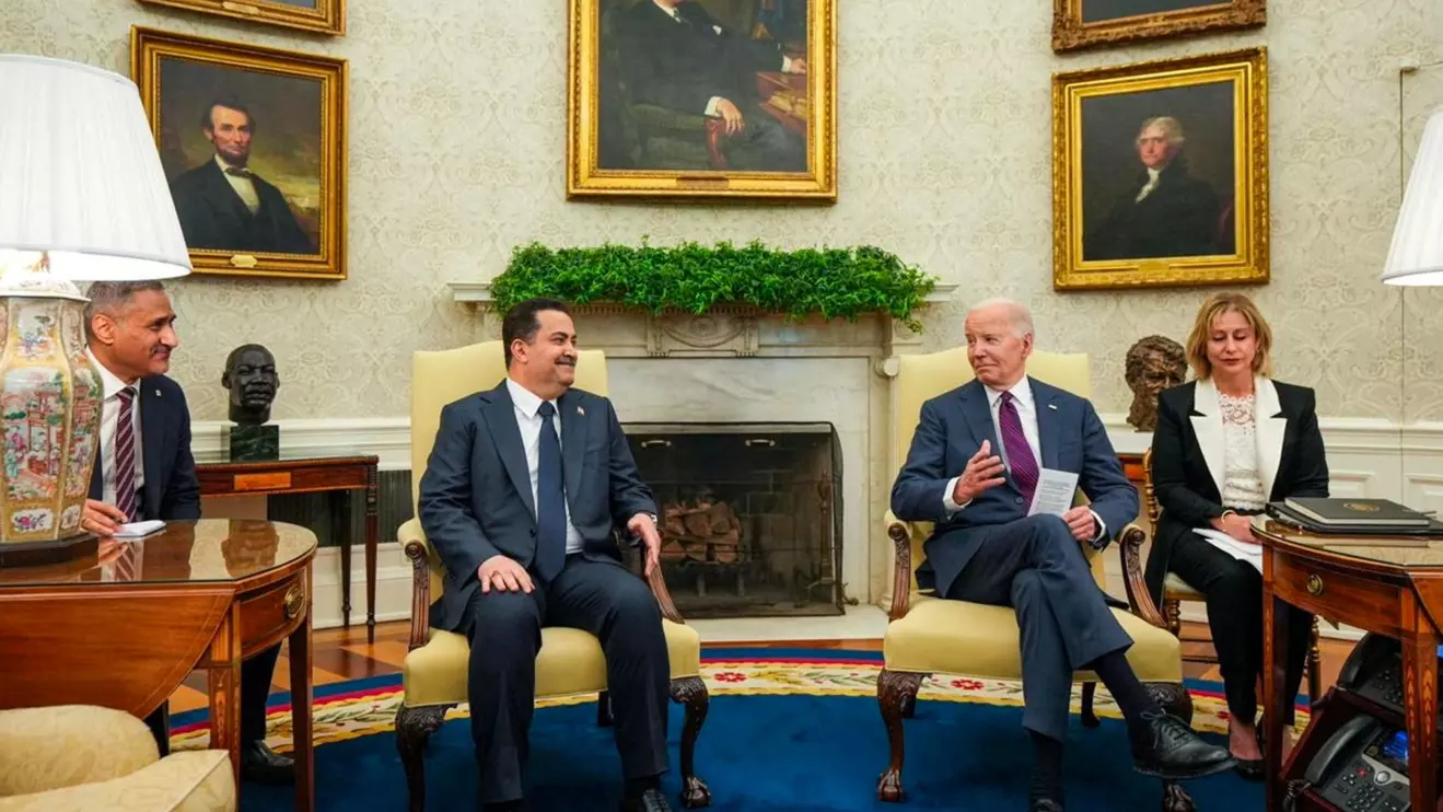 U.S. President Joe Biden meets with Iraqi Prime Minister Mohammed Shia al-Sudani at the White House in Washington, U.S., April 15, 2024. Iraqi Prime Minister Media Office/Handout via Reuters