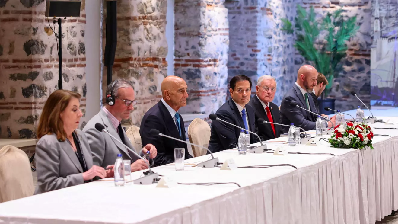 U.S. Ambassador to Turkey Tom Barrack, U.S. Secretary of State Marco Rubio and U.S. Special Envoy Keith Kellogg attend the Turkey-U.S.-Ukraine trilateral talks in Istanbul, Turkey, May 16, 2025. Arda Kucukkaya/Turkish Foreign Ministry