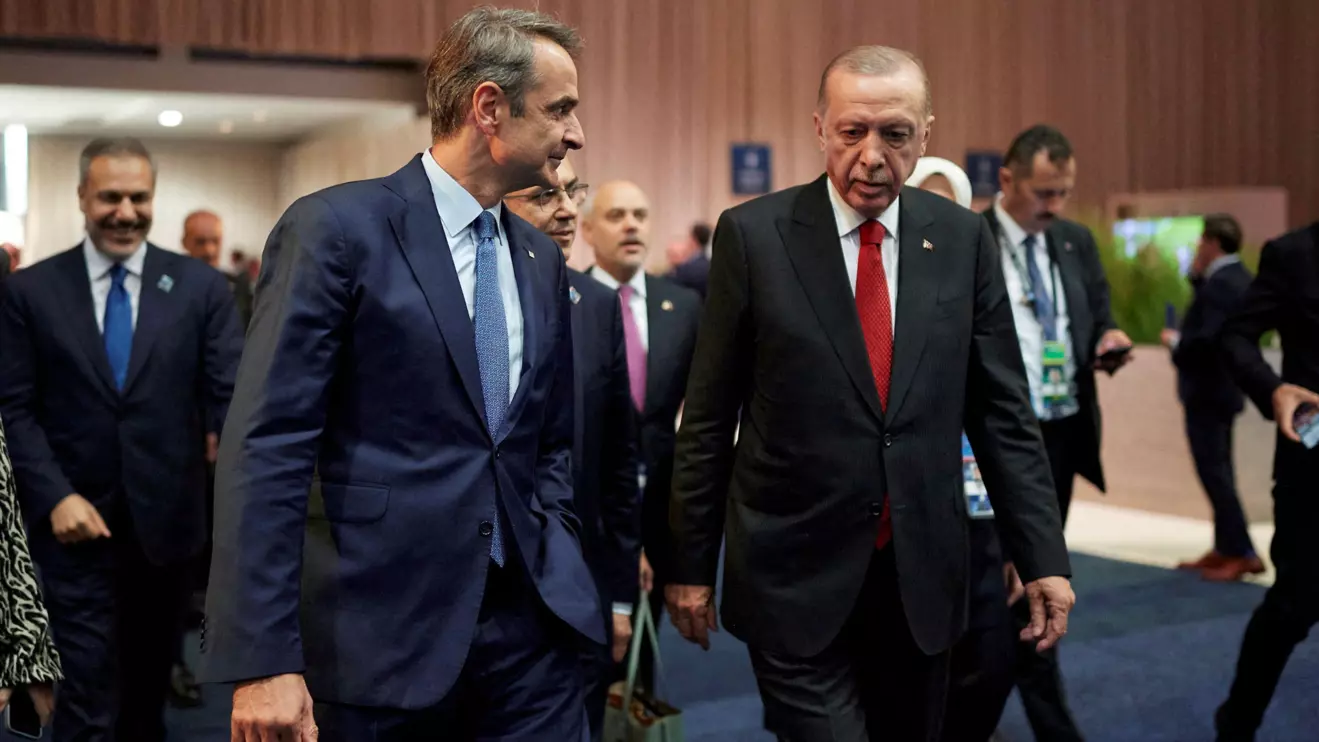 Greek Prime Minister Kyriakos Mitsotakis and Turkish President Tayyip Erdogan meet on the sidelines of NATO Summit, in Washington, United States, July 10, 2024. Dimitris Papamitsos/Greek Prime Minister's Office/Handout via Reuters/File Photo