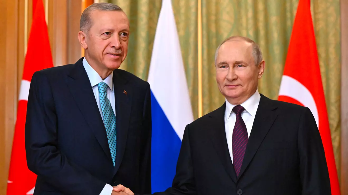 Russian President Vladimir Putin shakes hands with Turkish President Tayyip Erdogan during a meeting in Sochi, Russia, September 4, 2023. Sputnik/Sergei Guneev/Pool via Reuters
