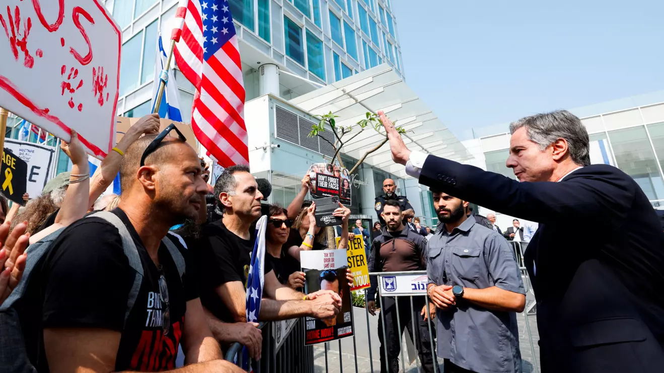U.S. Secretary of State Antony Blinken meets with the families of the hostages kidnapped in the deadly October 7 attack on Israel by the Palestinian Islamist group Hamas, outside of a hotel, in Tel Aviv, May 1, 2024. Reuters/Evelyn Hockstein/Pool